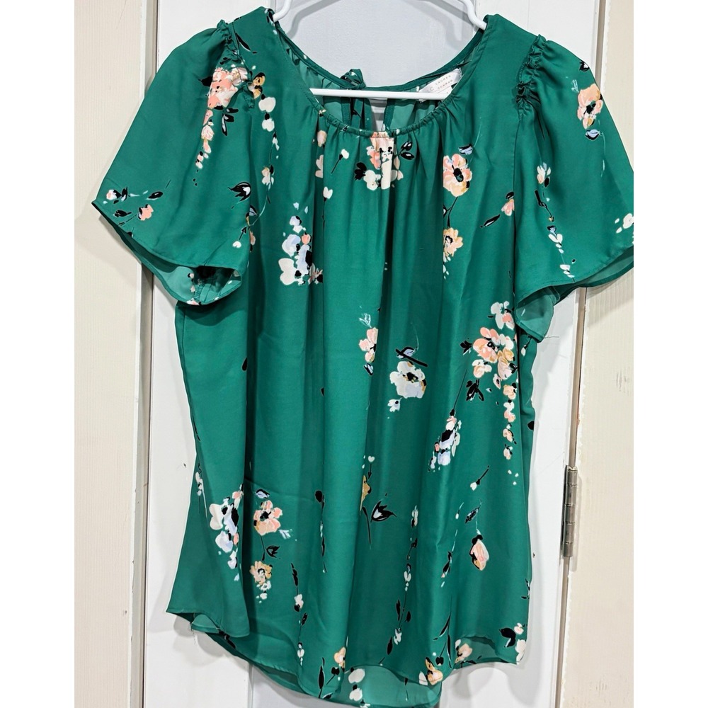 Lauren Conrad Women's Green Floral Ruffle Tie Flutter Sleeve Blouse M